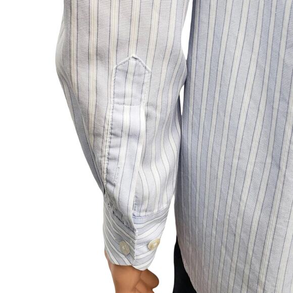 JOHNSTON & MURPHY Dress Shirt XL Contrast Flip Cuff Neck Blue White Striped L/S - Picture 8 of 14